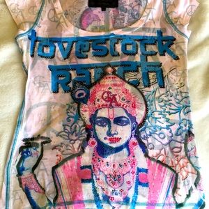 Christian Audigier shirt pnk /bue with black rhinestone